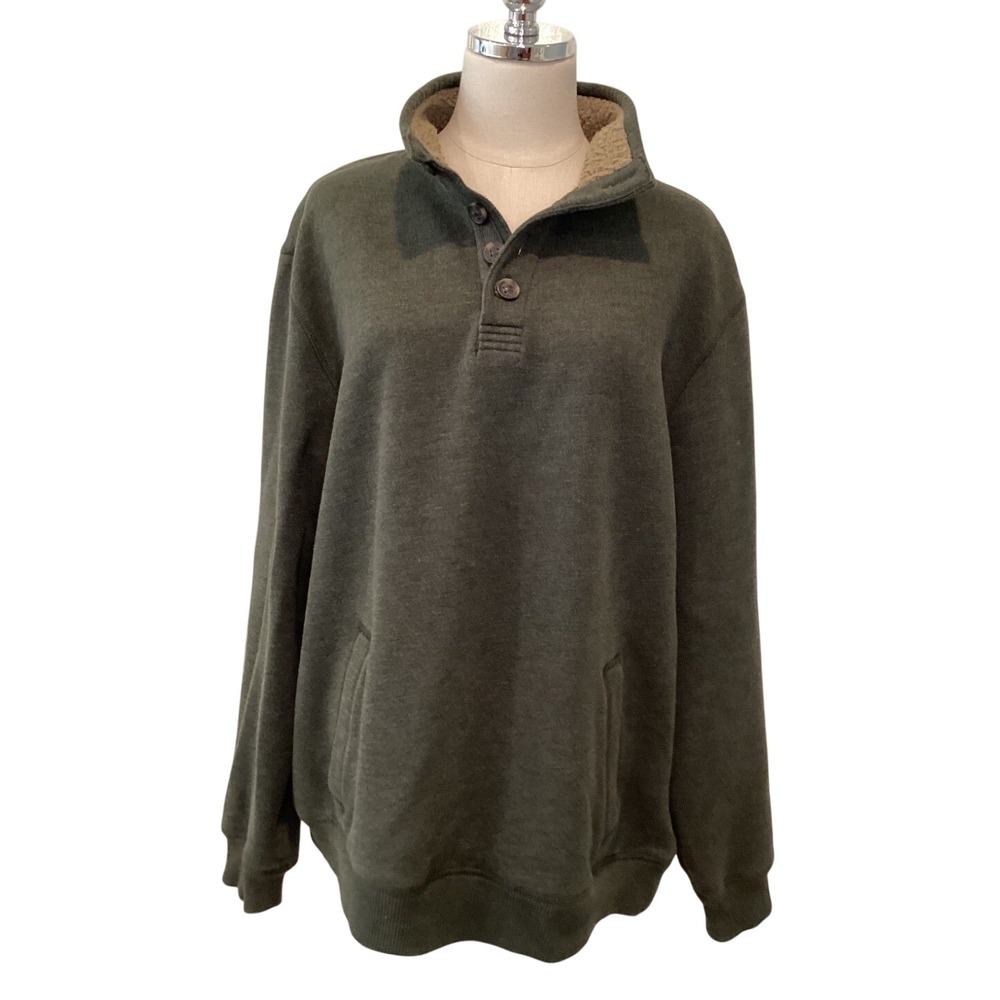 Men's Pullover Fleece Buttons Olive Green / Brown Cotton Kangaroo Pocket Size XL